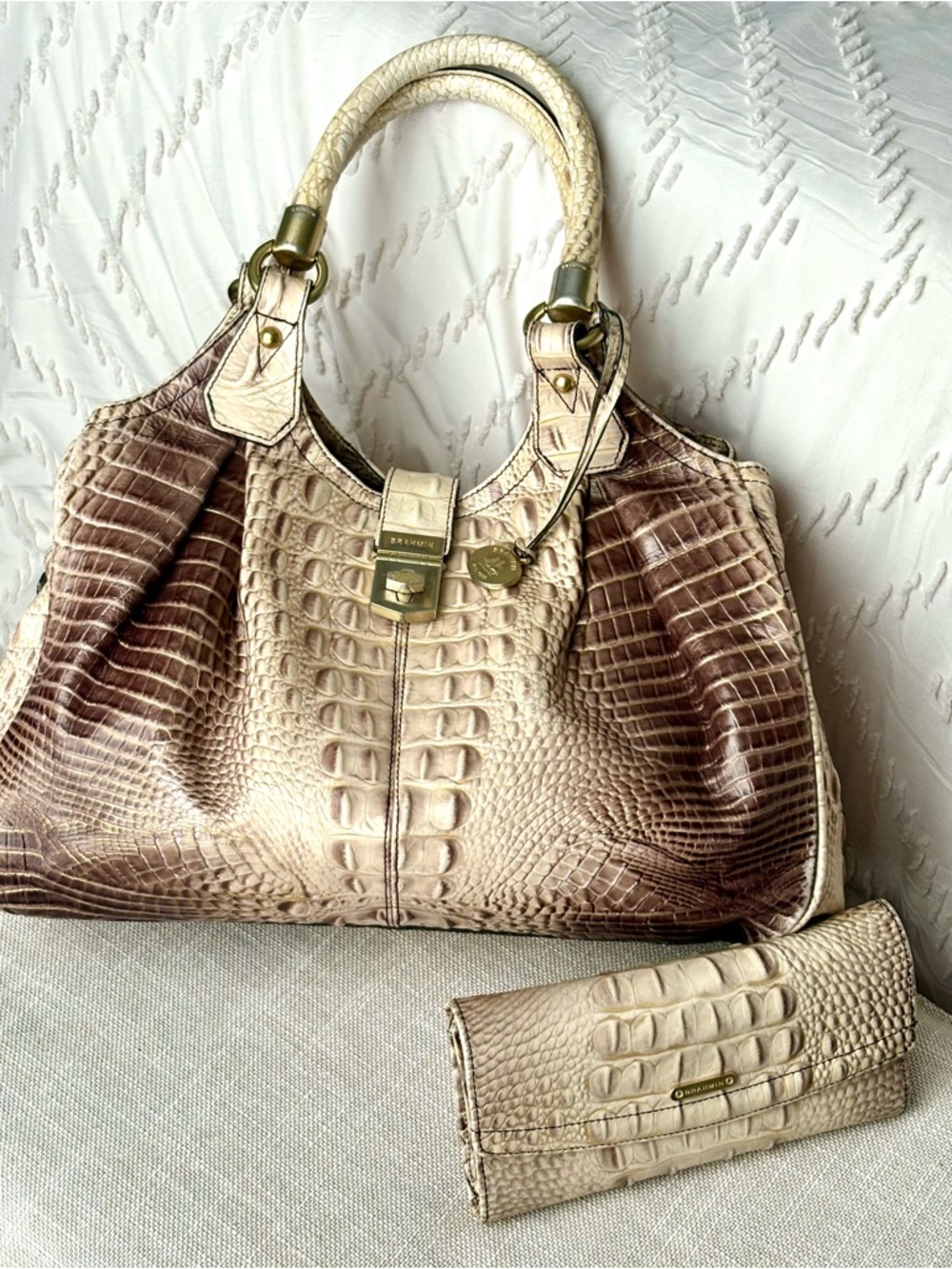 Brahmin Cream and Brown Croc-Embossed Tote with Wallet